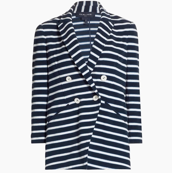 Veronica Beard Ortiz Striped Double-Breasted Jacket In Marine/Off White/Blue Sur - Picture 1 of 16